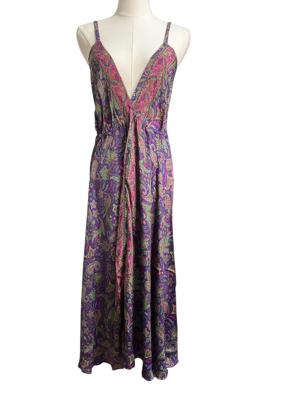 Rhea Backless Halter Dress S Paisley Purple Pink Green Tie Back Midi NWT A27